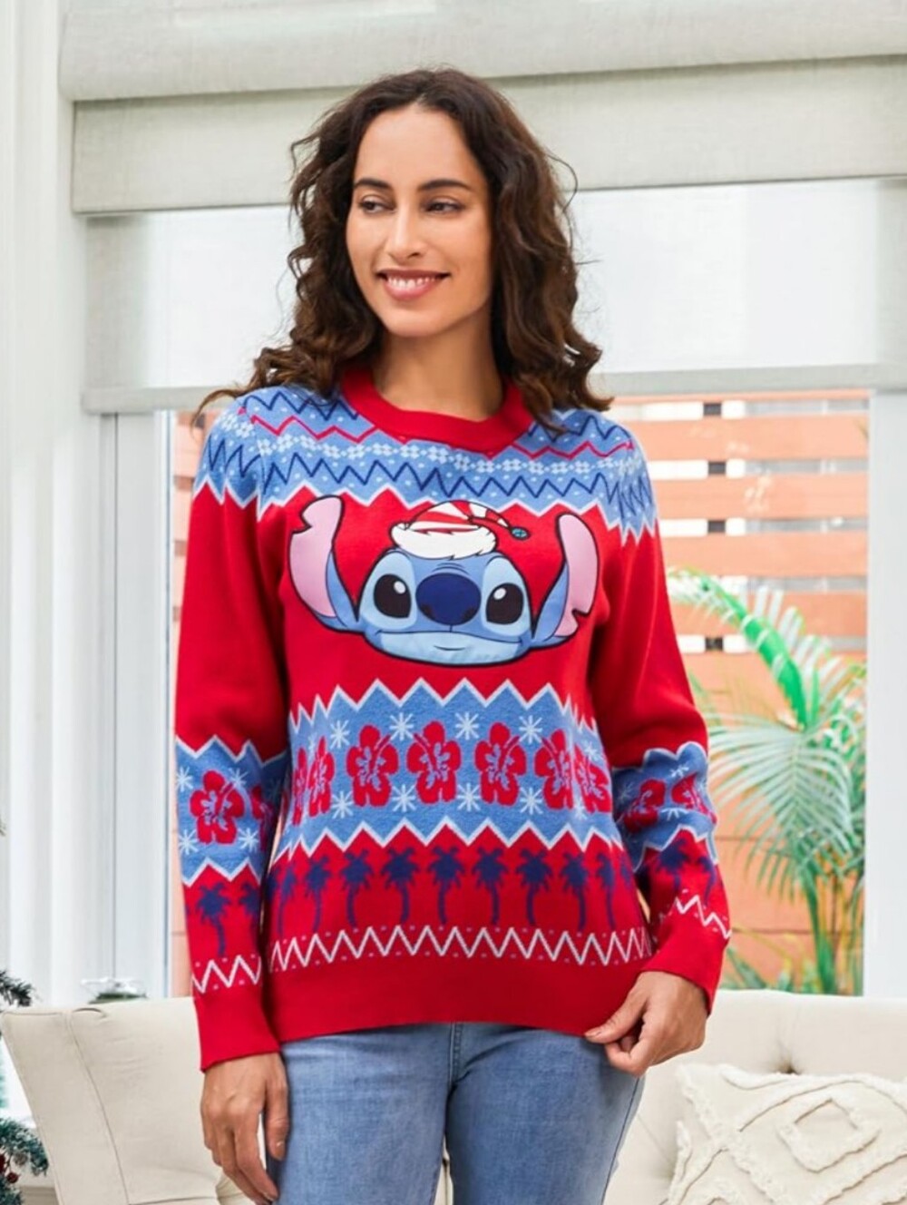 DISNEY Stitch Holiday Sweater Fair Isle Red and Blue Size Medium